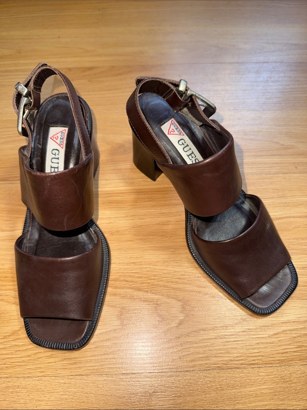 Vintage GUESS 1990 Brown Leather Block Heel Sandals Size 6 White Label